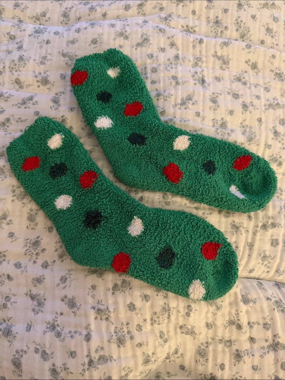Christmas Fuzzy Socks Cozy Green Fuzzy Socks with Red, White & Dark Green Dots